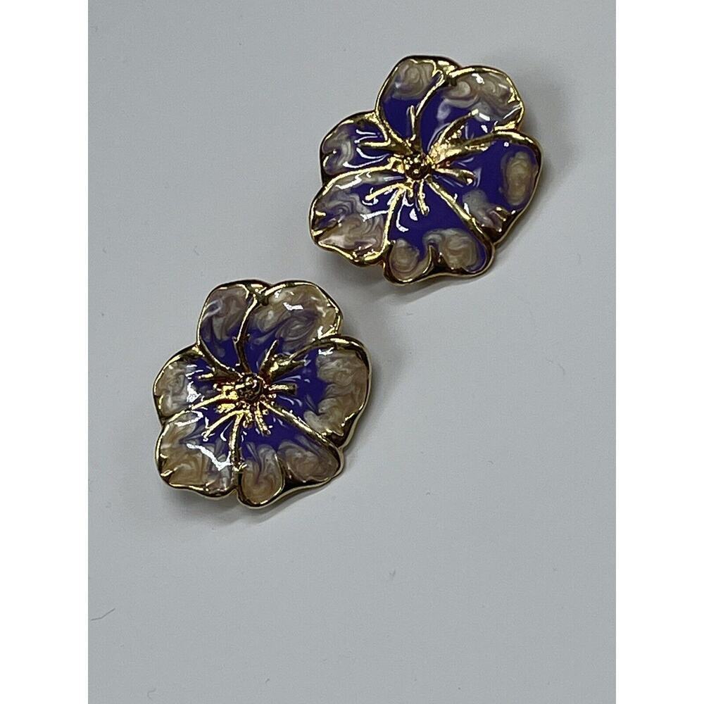 Vintage Tropical Floral‎ Brooch Pins Pin Gold -Tone Enamel Purple Flowers Aloha